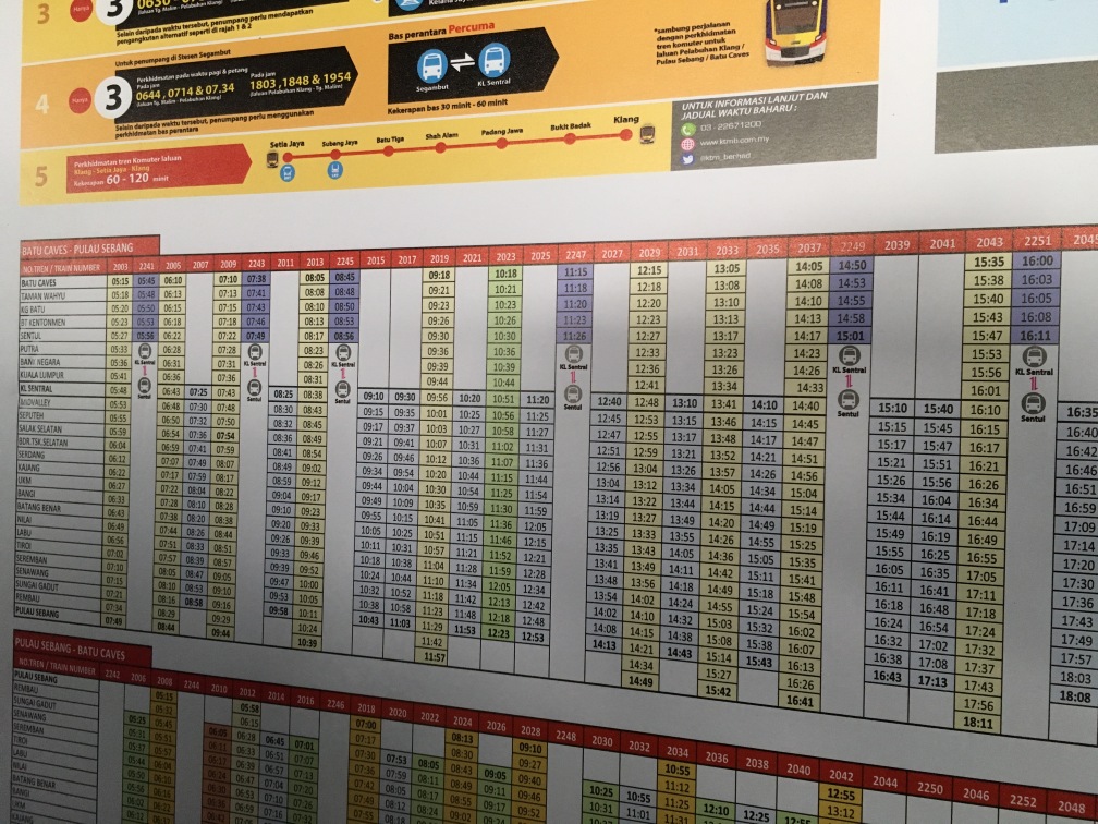 バツー洞窟（Batu Caves）駅　帰りの時刻表