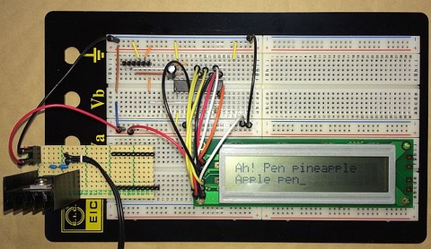 ブレッドボードで液晶(LCD)モジュール(TH202, WM-C2002M)上に無事にPPAP (Pen pineapple apple pen)が表示できました。