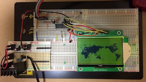 2P-S60779 (S60779)、解像度：128x64ドット、液晶コントローラ：ST7565R）に世界地図を表示しました。